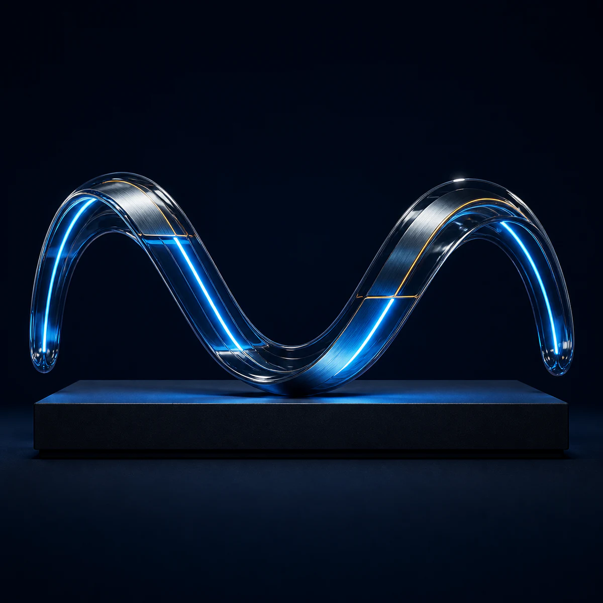 Blue illuminated glass wave sculpture for Electric Wave